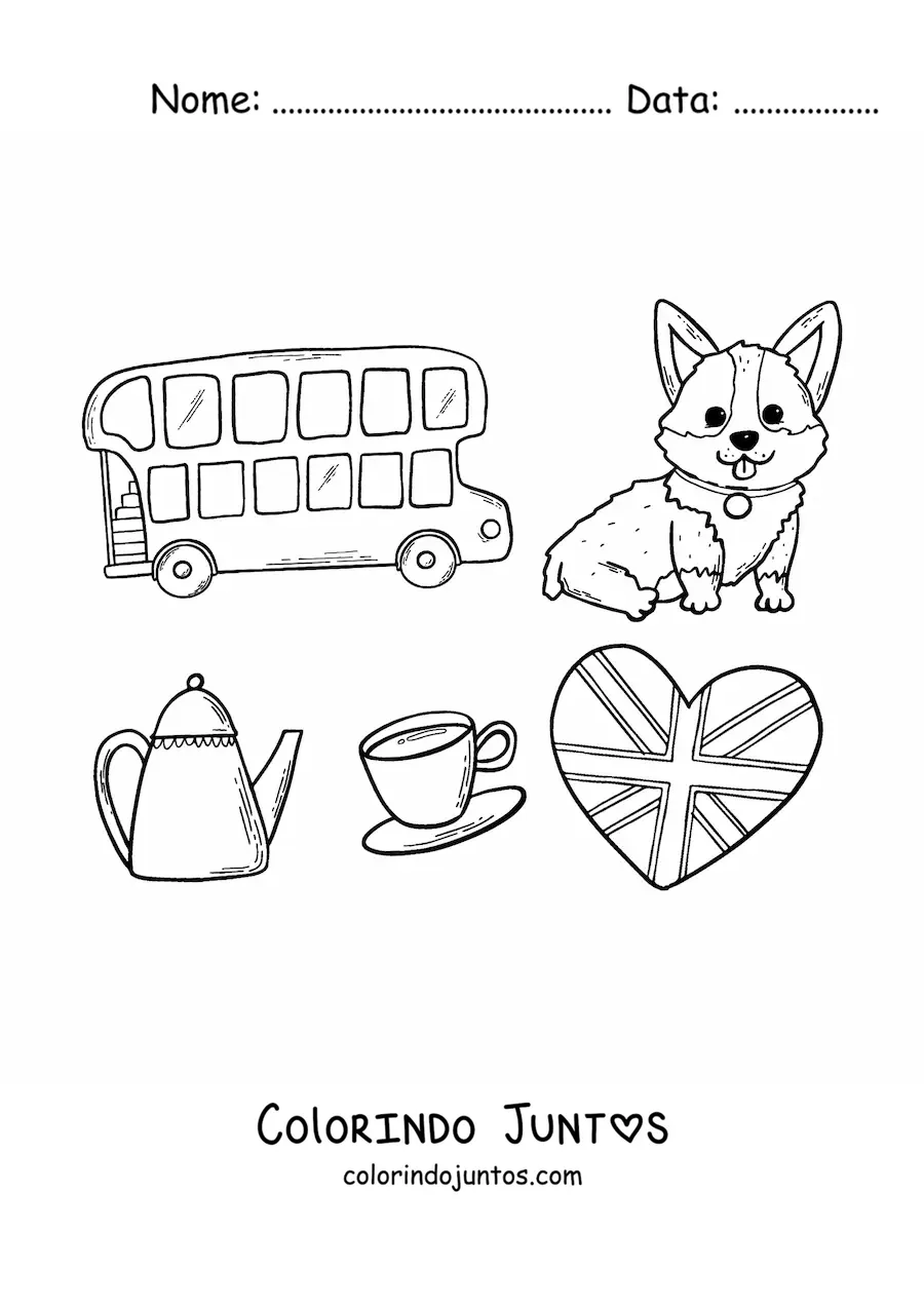 Desenho para colorir de onibus e elementos da cultura britanica