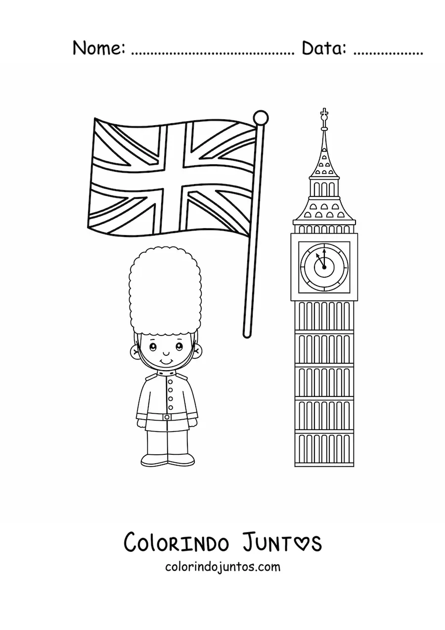 Desenho para colorir de menino guarda real com a bandeira do Reino Unido e o Big Ben
