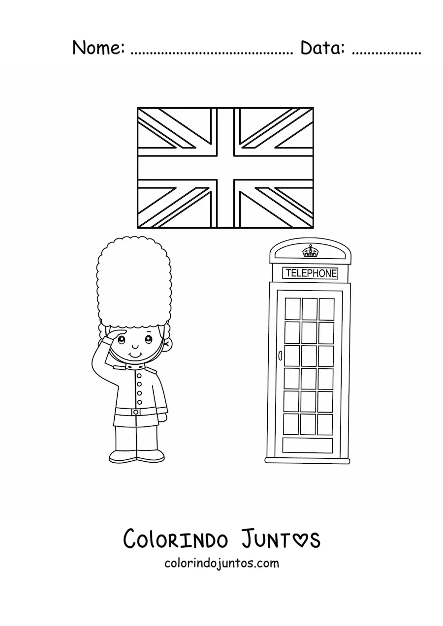 Desenho para colorir de guarda real animado com a bandeira do Reino Unido e uma cabine telefonica