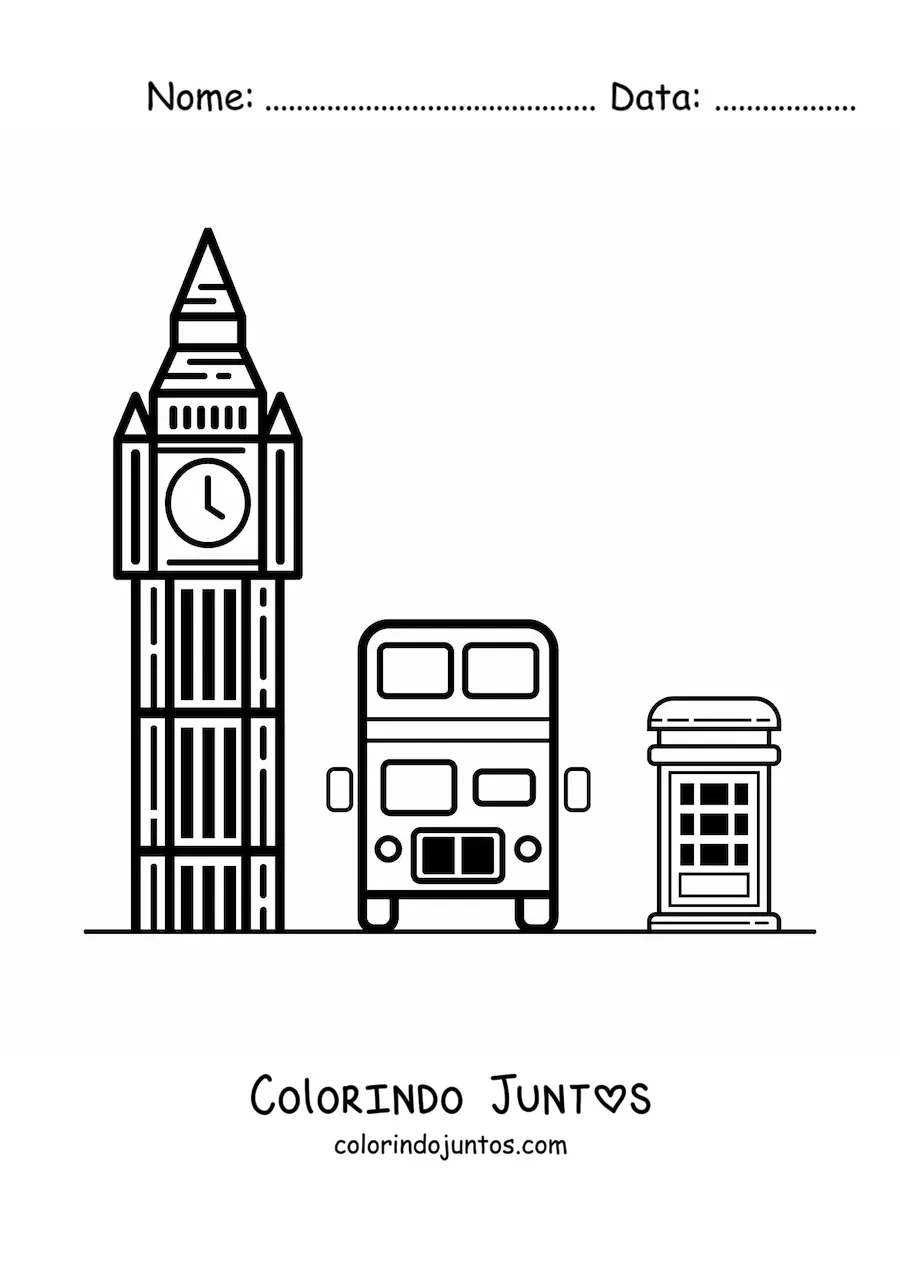 Desenho para colorir de Big Ben com onibus e cabine telefonica de Londres