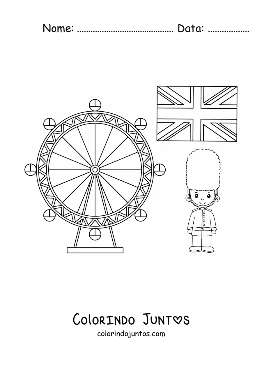 Desenho para colorir de bandeira do Reino Unido com a London Eye