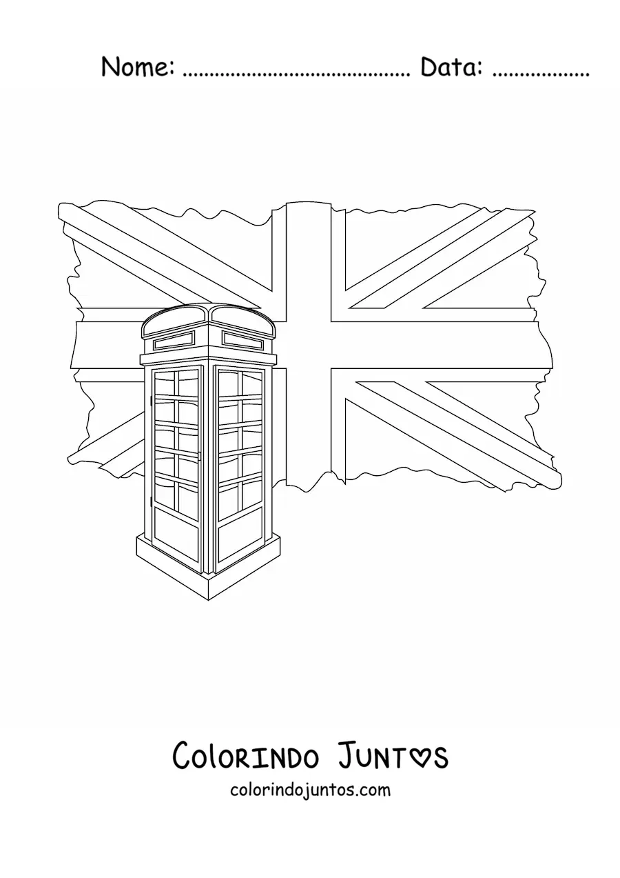 Desenho para colorir de bandeira do Reino Unido e uma cabine telefonica