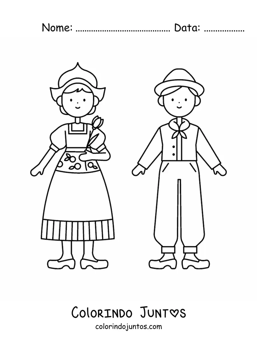 Desenho para colorir de casal com traje tipico dos Paises Baixos