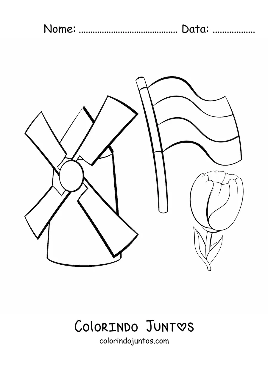 Desenho para colorir de moinho com bandeira dos Paises Baixos e uma tulipa