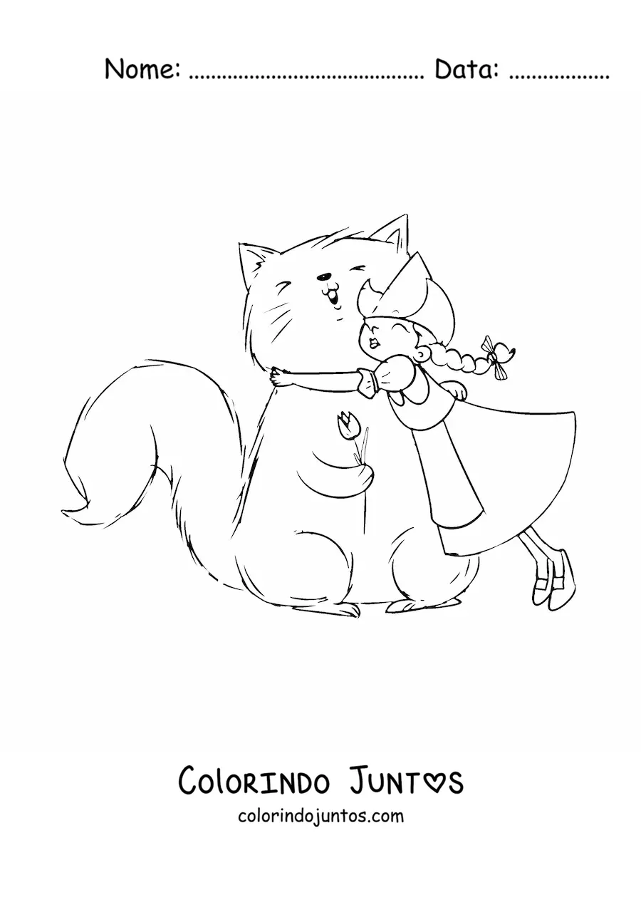 Desenho para colorir de menina holandesa com um gato animado