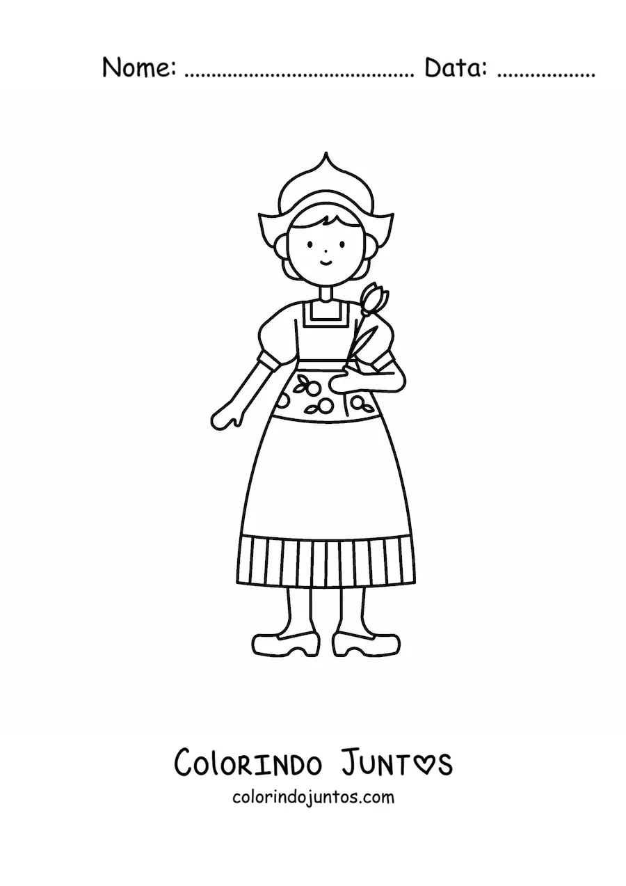 Desenho para colorir de menina holandesa com traje tradicional
