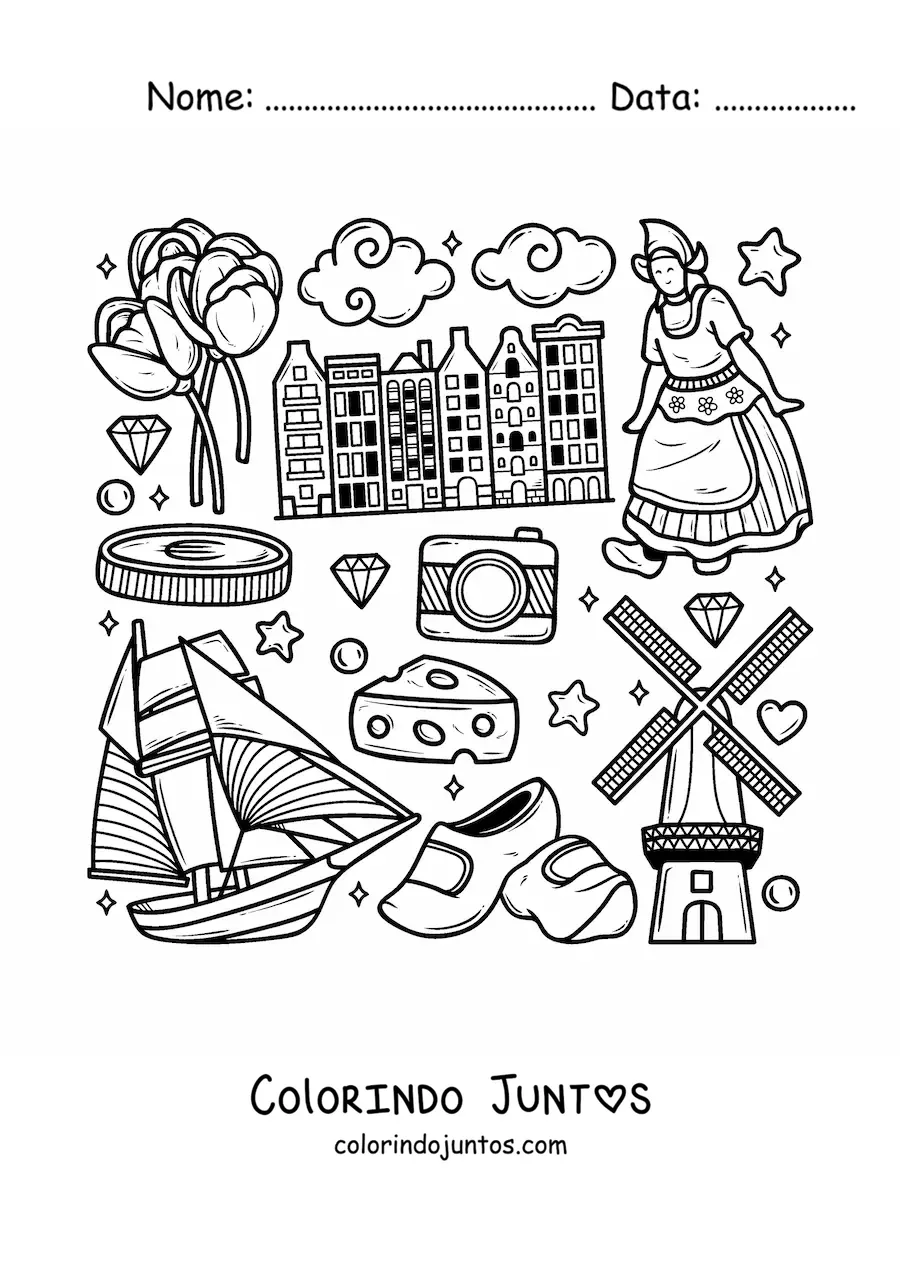 Desenho para colorir de tamancos e simbolos da cultura dos Paises Baixos