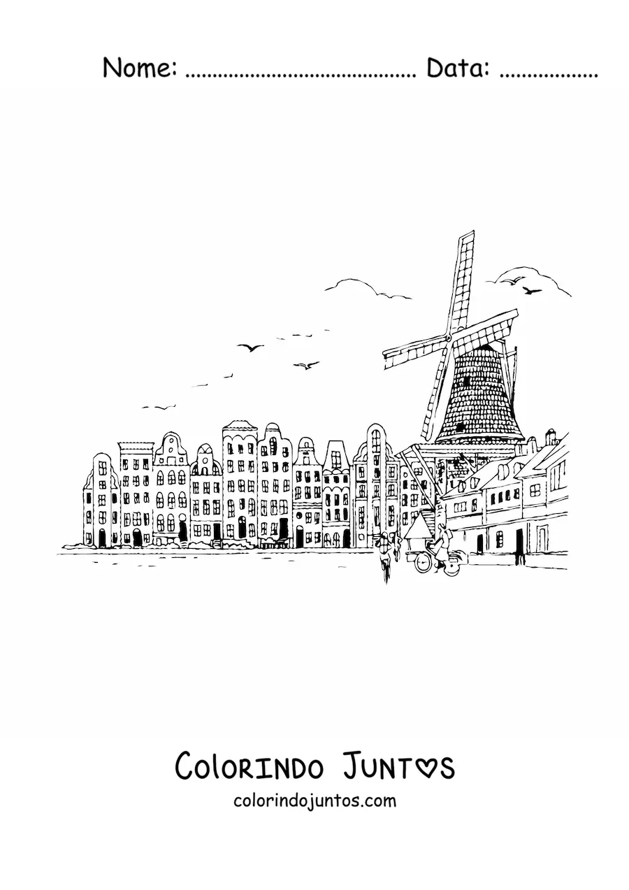 Desenho para colorir de paisagem da cidade de Amsterda