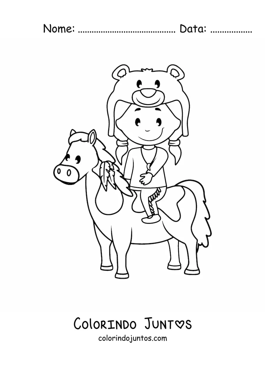 Desenho para colorir de crianca indigena americana montando um cavalo