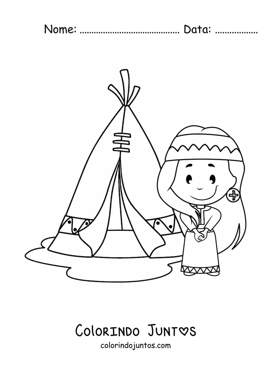 Desenho para colorir de menina indigena americana ao lado de um tipi