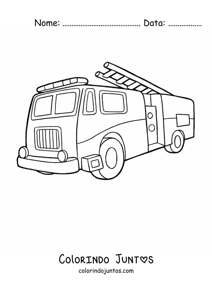 Desenho para colorir de um caminhao de bombeiros com a escada um pouco levantada
