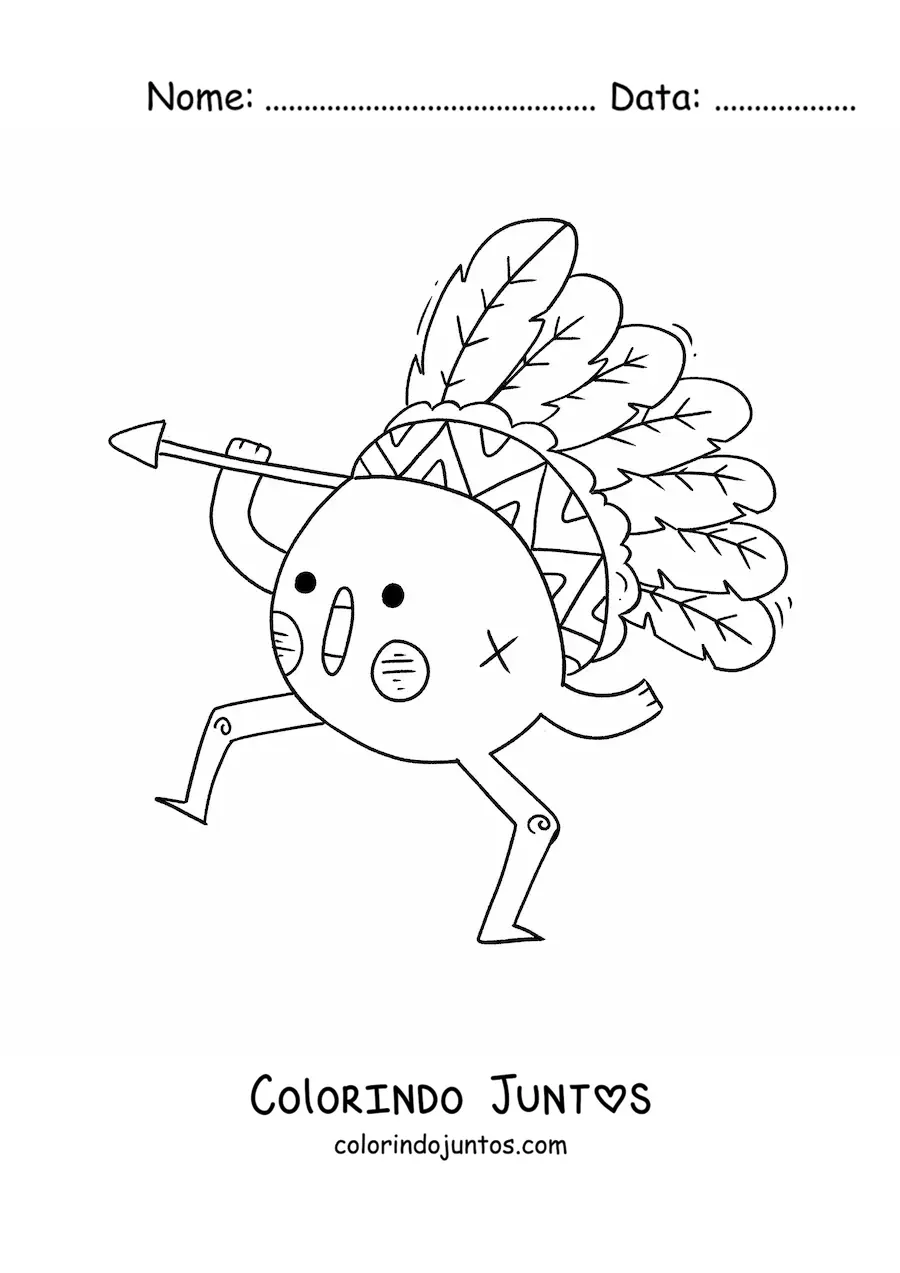 Desenho para colorir de indigena americano animado kawaii com penas