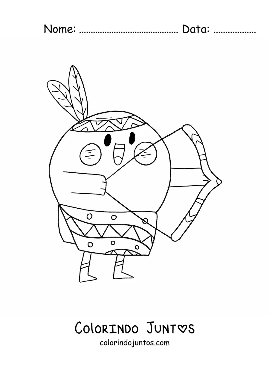 Desenho para colorir de indigena americano animado kawaii com arco e flechas