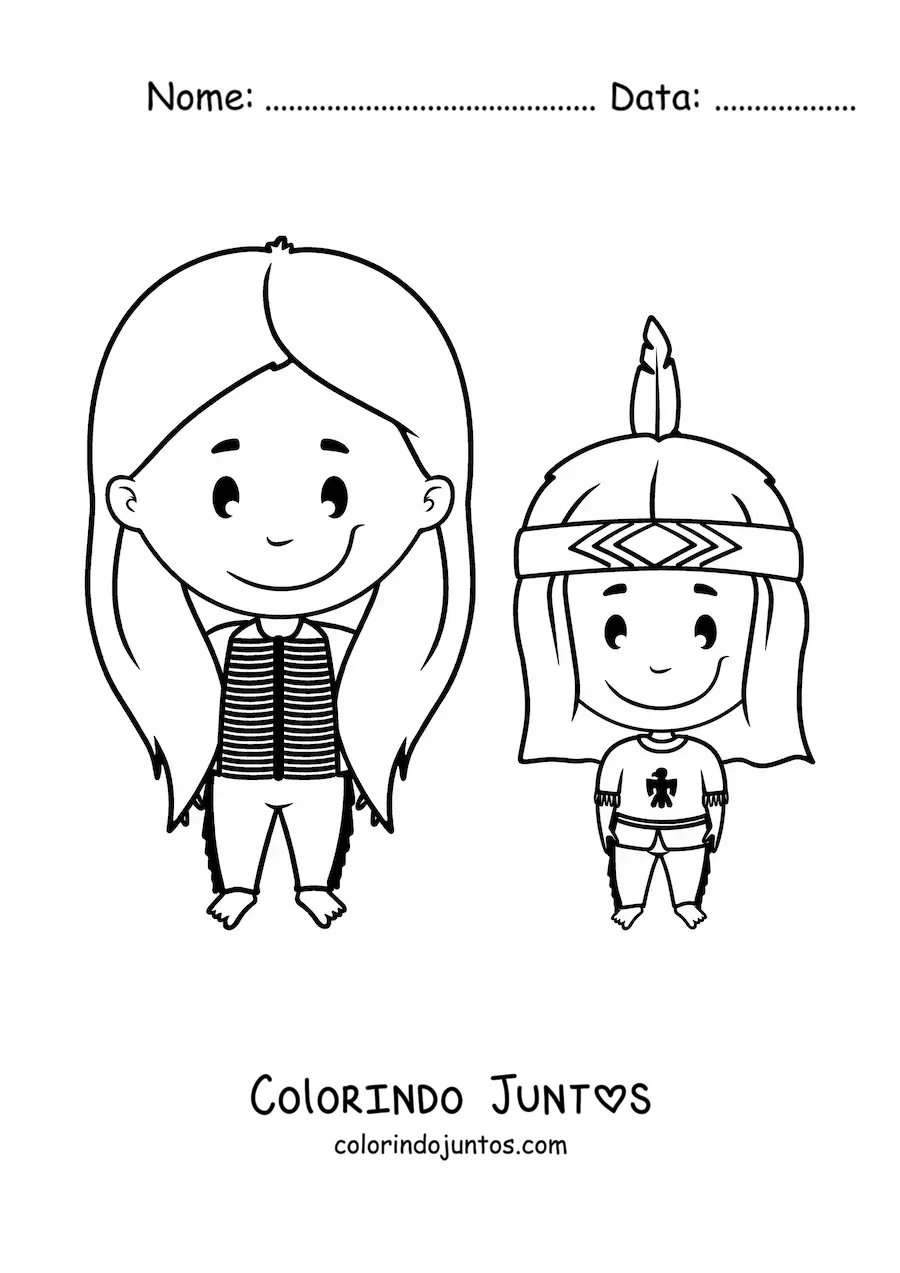 Desenho para colorir de mae e filho de tribo indigena americana