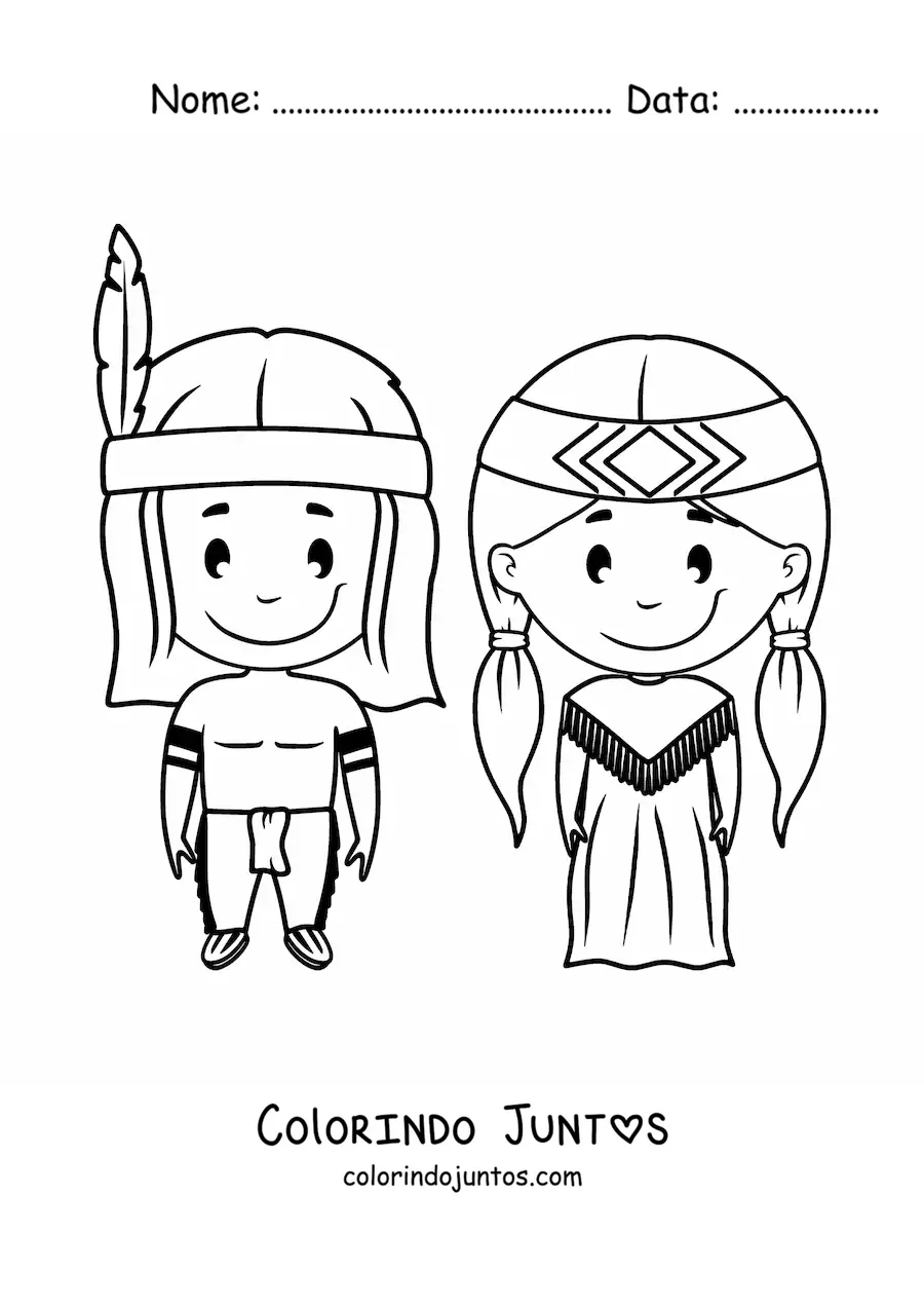Desenho para colorir de indigenas nativos americanos kawaii
