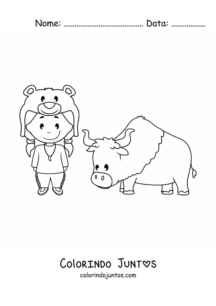 Desenho para colorir de indígena americano animado kawaii com um boi