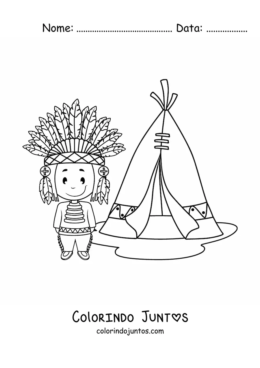 Desenho para colorir de indígena americano animado com cocar de penas ao lado de um tipi
