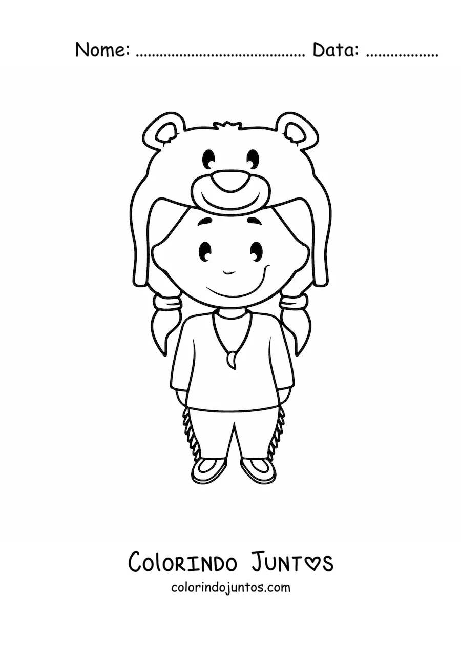 Desenho para colorir de menina indígena americana animada com pele de urso