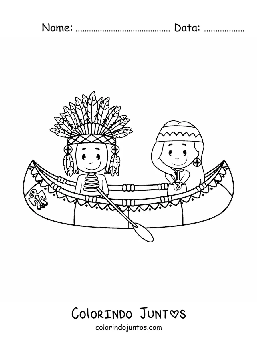 Desenho para colorir de indígenas nativos americanos animados em uma canoa