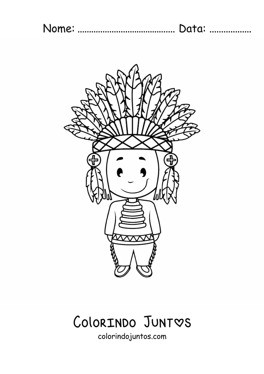 Desenho para colorir de indígena de uma tribo nativa americana com cocar de penas