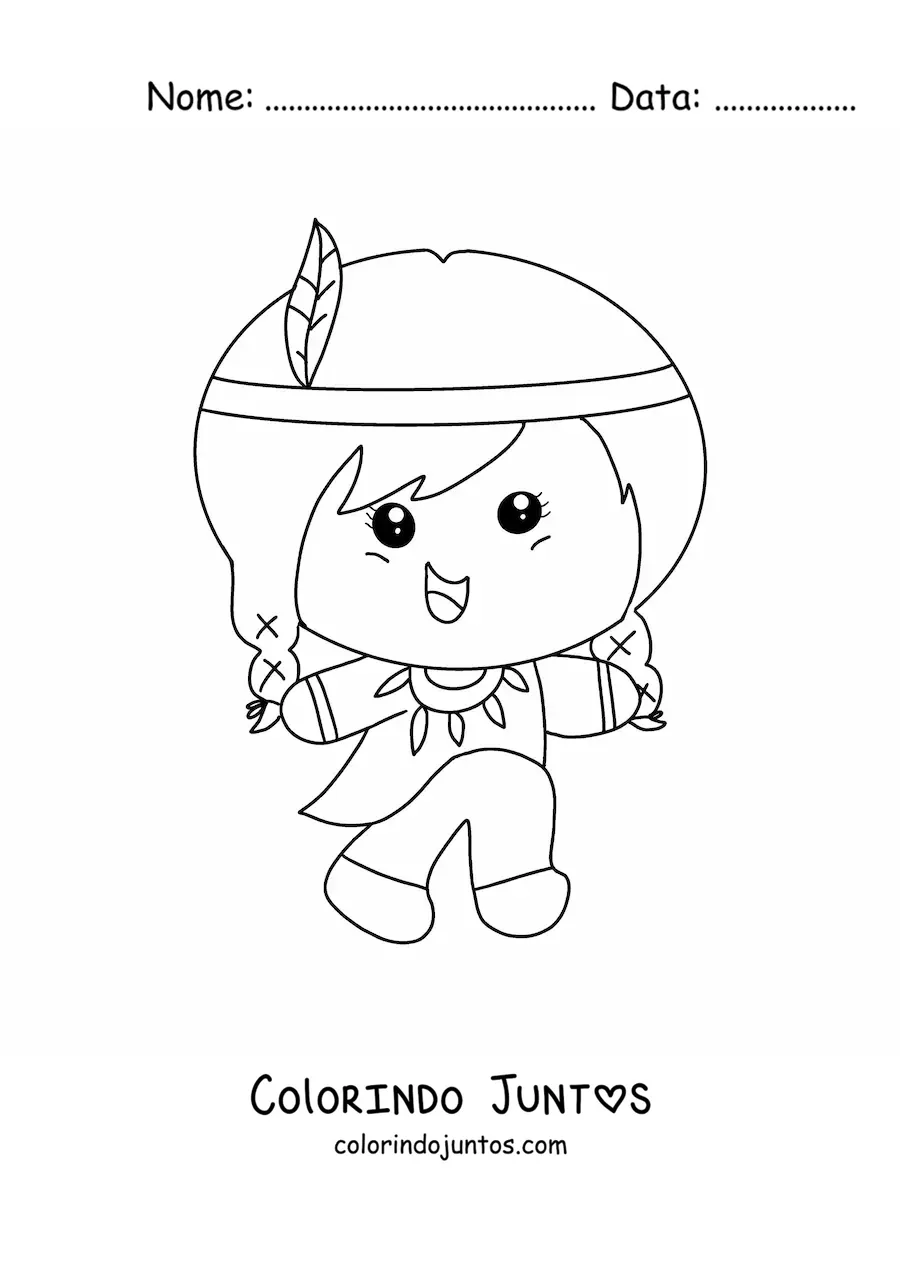 Desenho para colorir de menina de tribo nativa americana animada kawaii