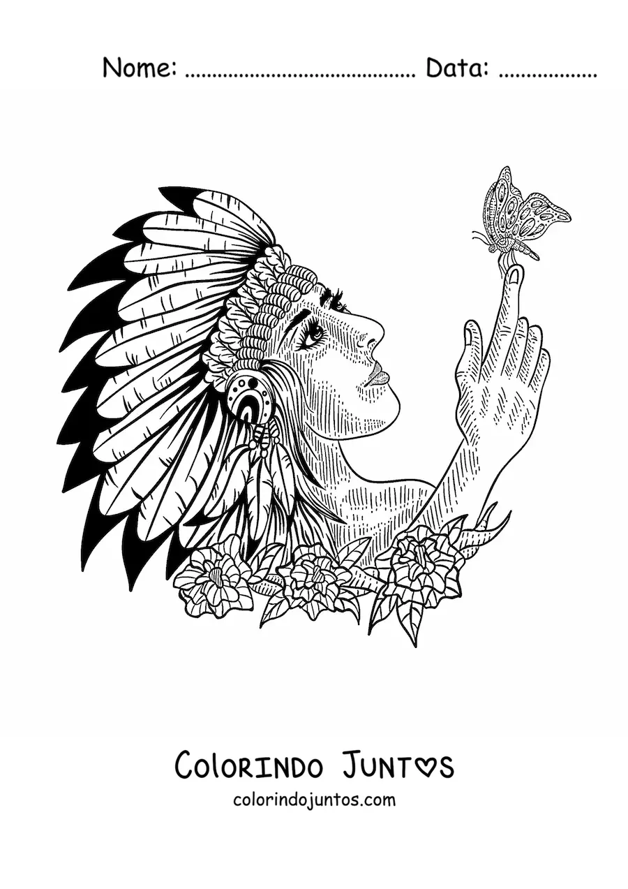 Desenho para colorir de indígena de tribo nativa americana com cocar de penas e uma borboleta