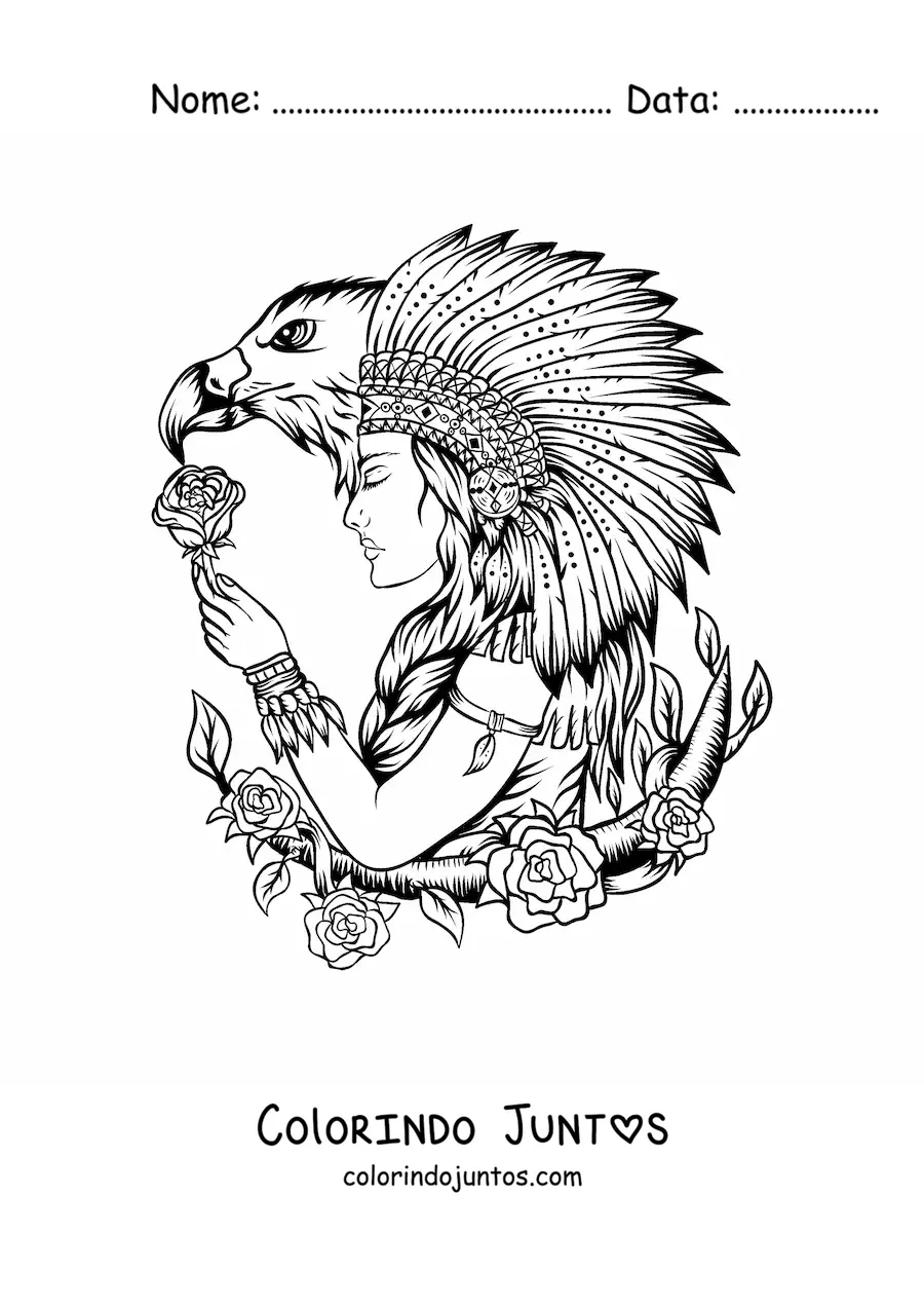Desenho para colorir de indígena de tribo nativa americana com cocar de penas e uma águia
