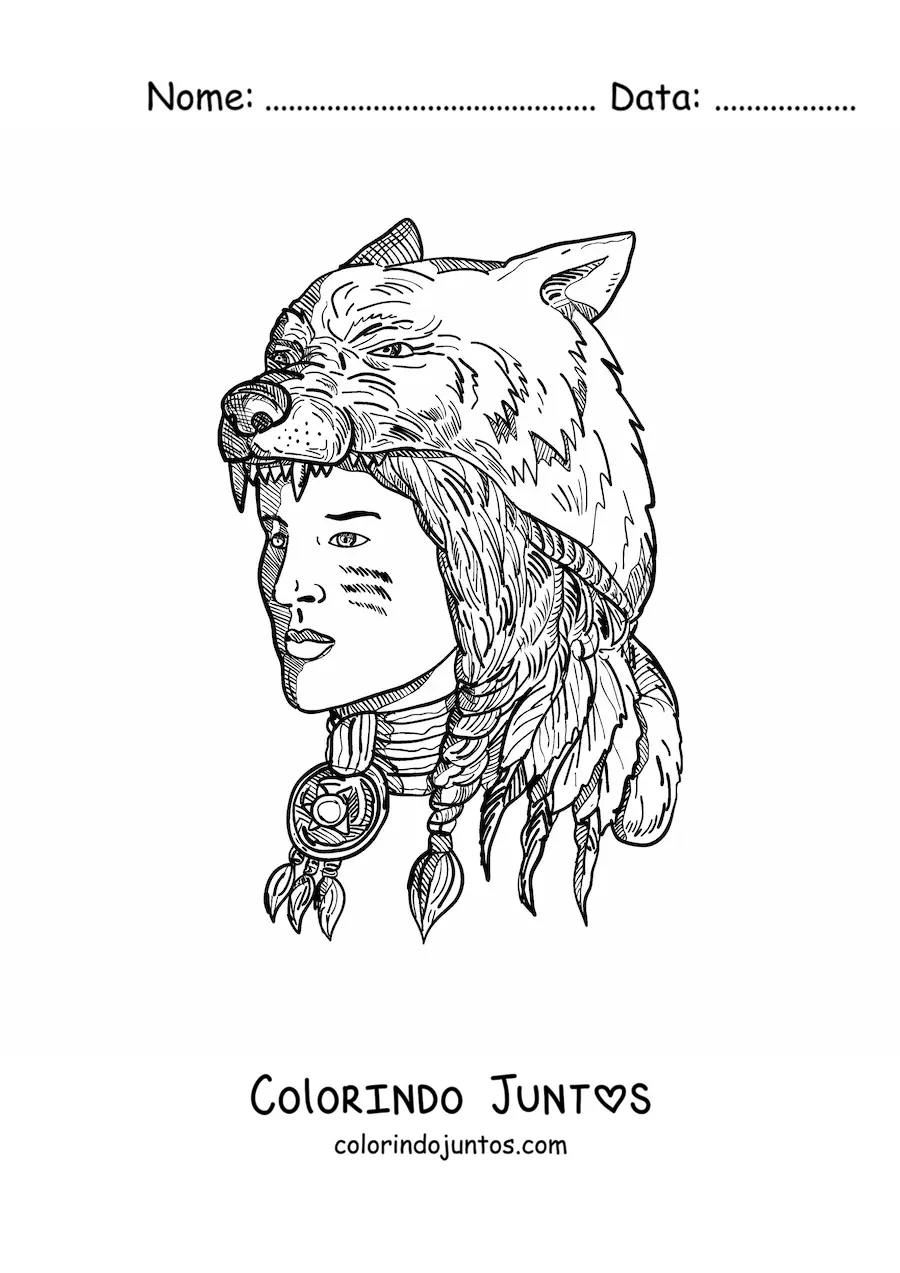 Desenho para colorir de indígena de tribo nativa americana realista com pele de urso