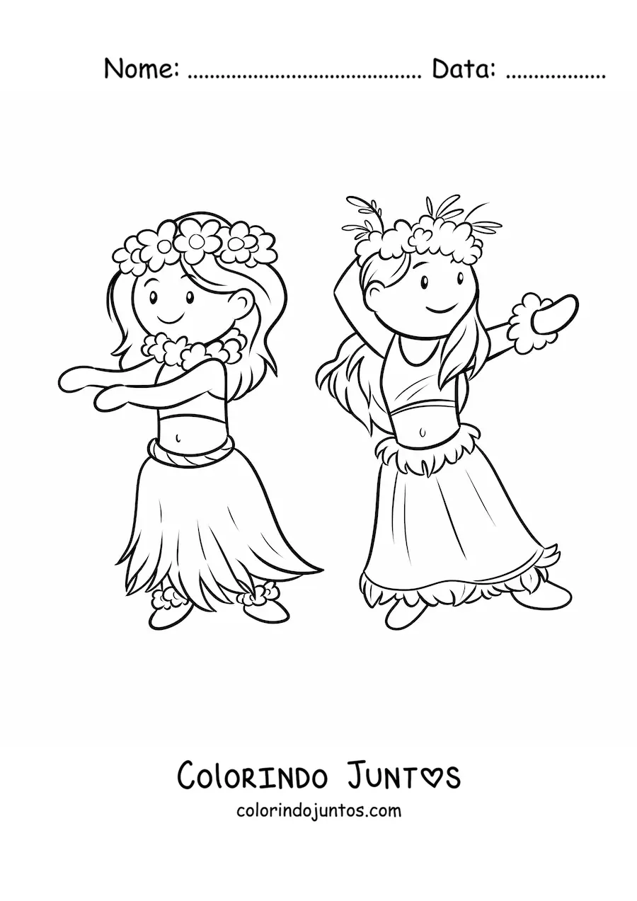 Desenho para colorir de meninas havaianas dançando o hula