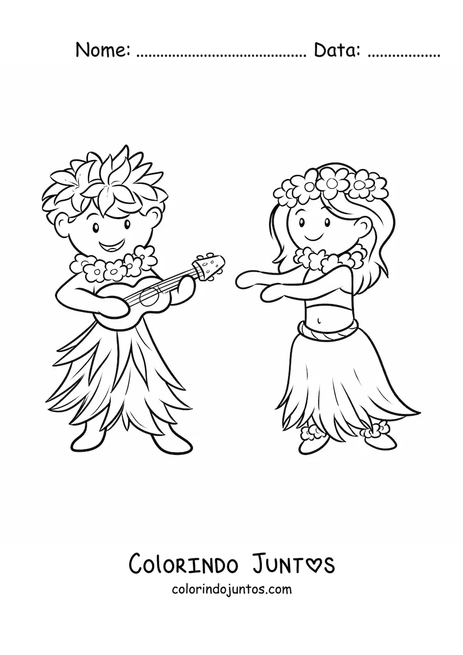 Desenho para colorir de menino havaiano com violão e dançarina de hula