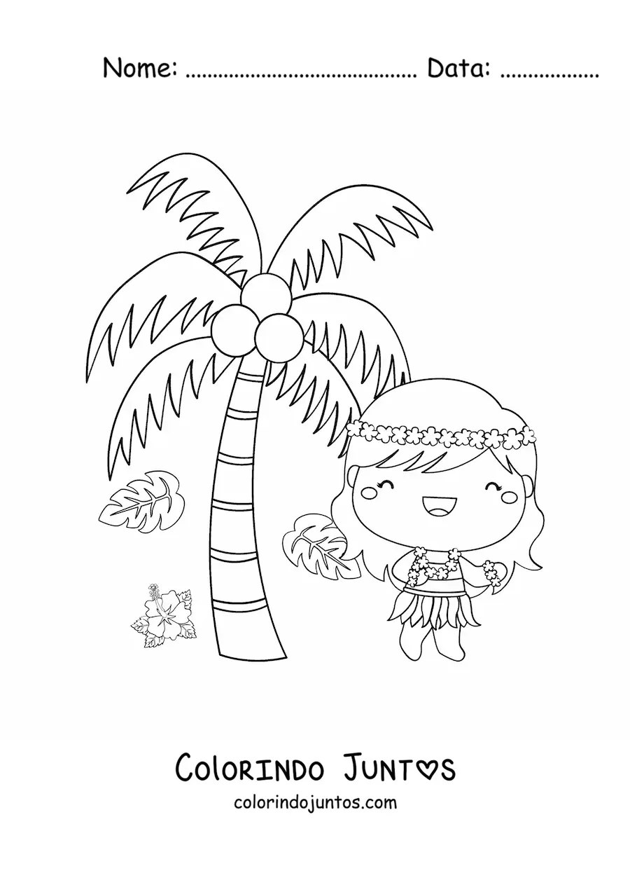 Desenho para colorir de dançarina de hula animada kawaii ao lado de uma palmeira