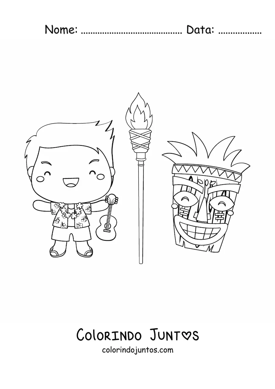 Desenho para colorir de menino kawaii animado com violão e máscara tiki
