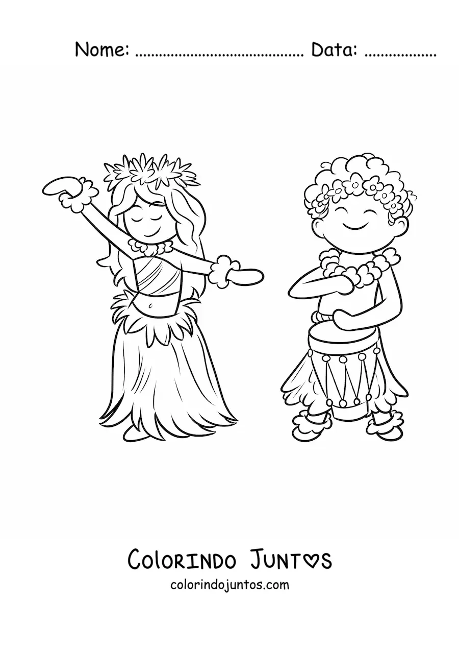 Desenho para colorir de menino havaiano com tambor e dançarina de hula