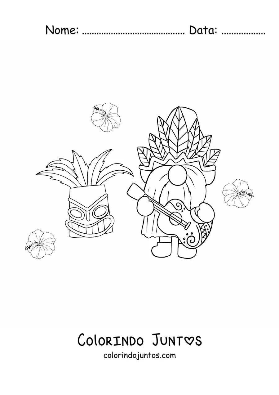 Desenho para colorir de gnomo animado tocando violão com máscara tiki