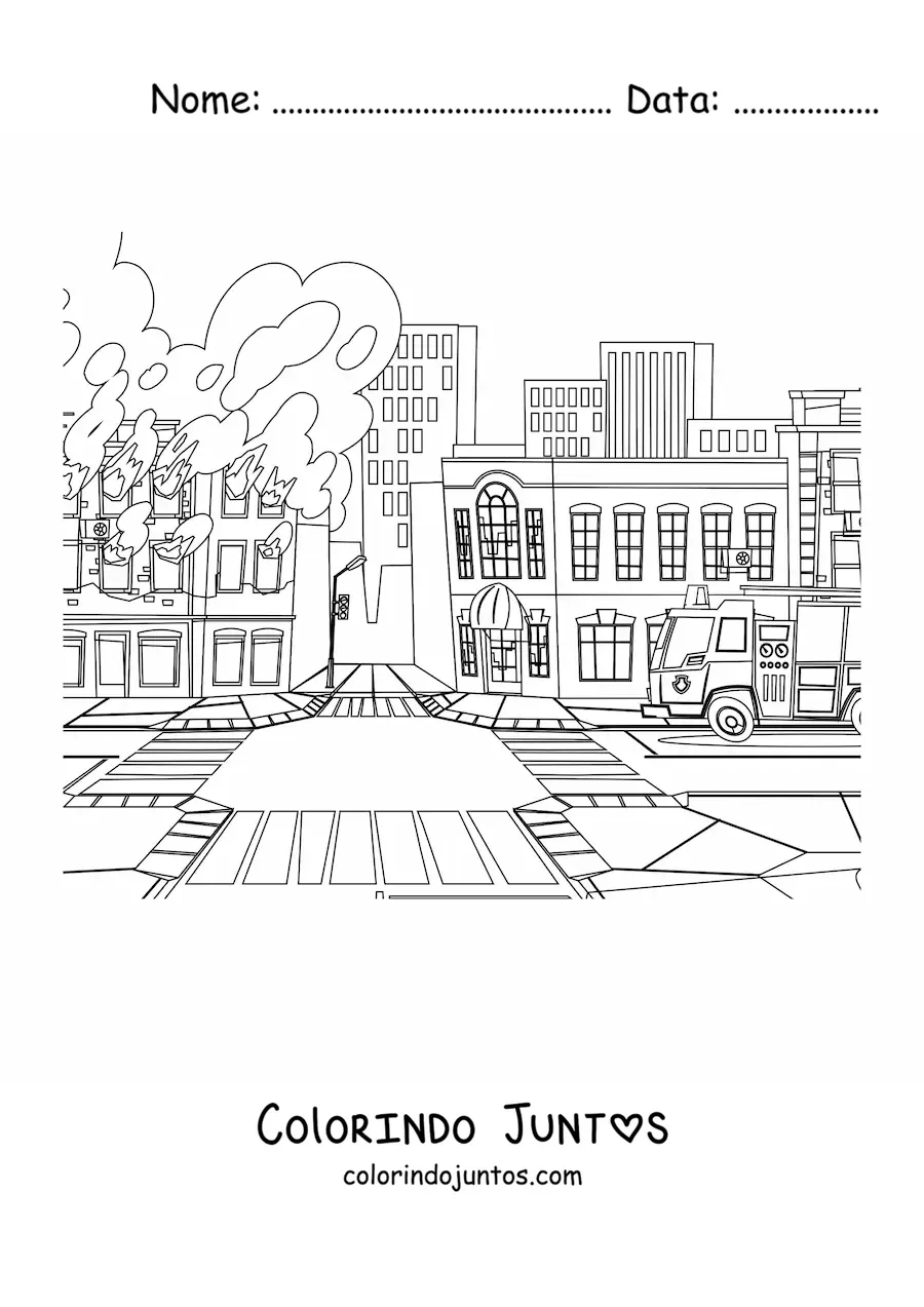Desenho para colorir de um caminhao de bombeiros ao lado de um predio em chamas