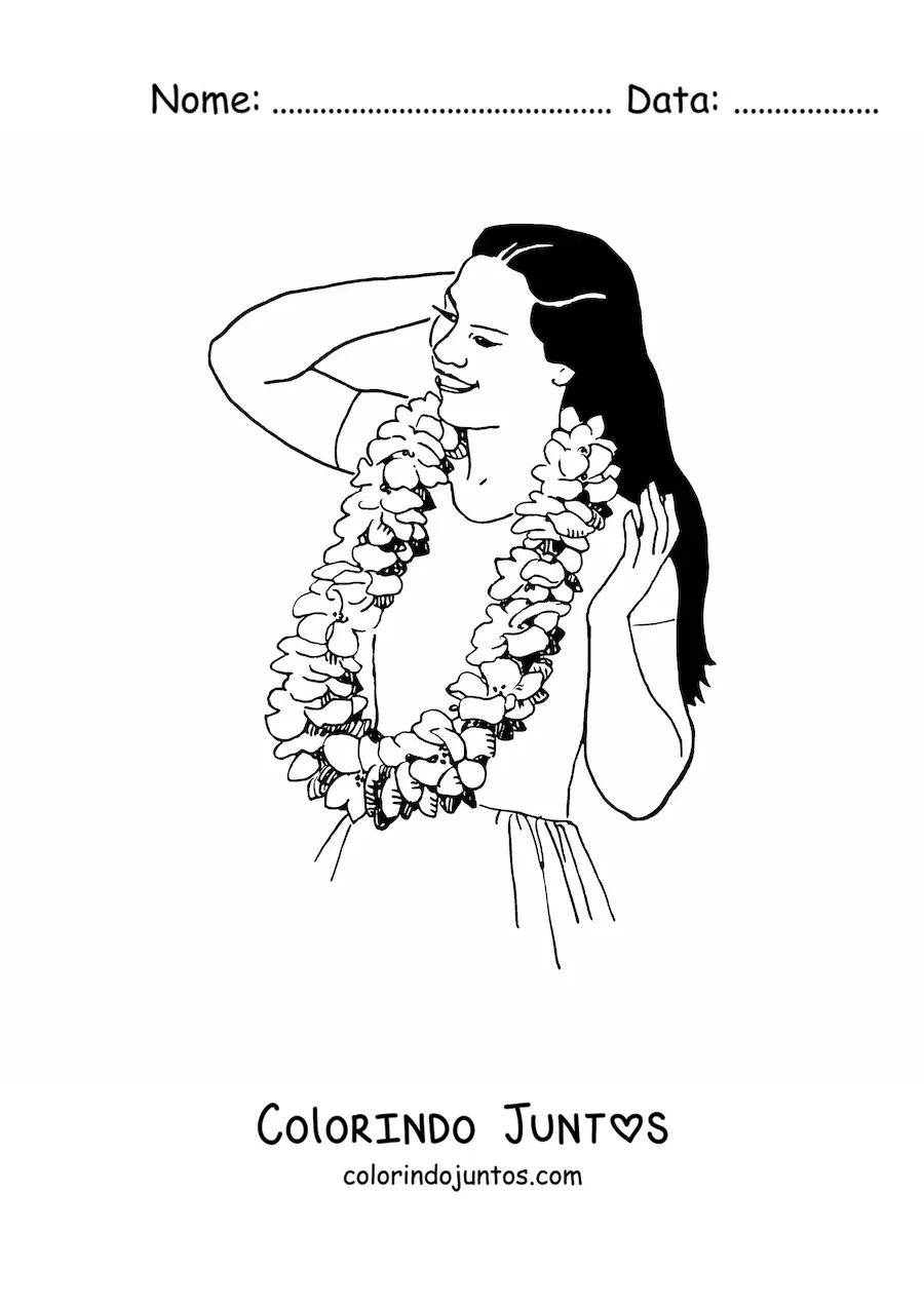Desenho para colorir de menina em festa havaiana com colar de flores