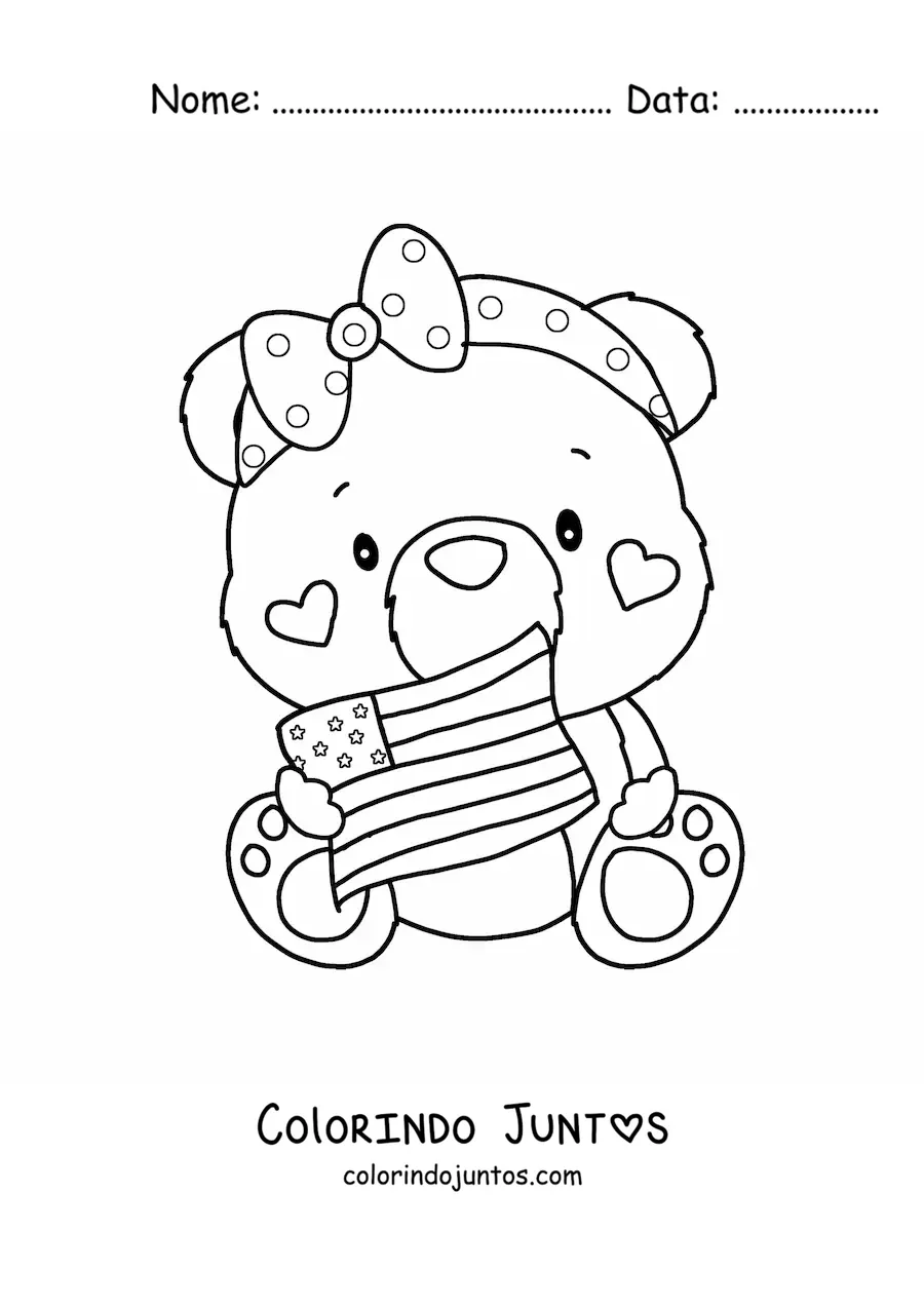 Desenho para colorir de ursa animada kawaii com a bandeira dos Estados Unidos