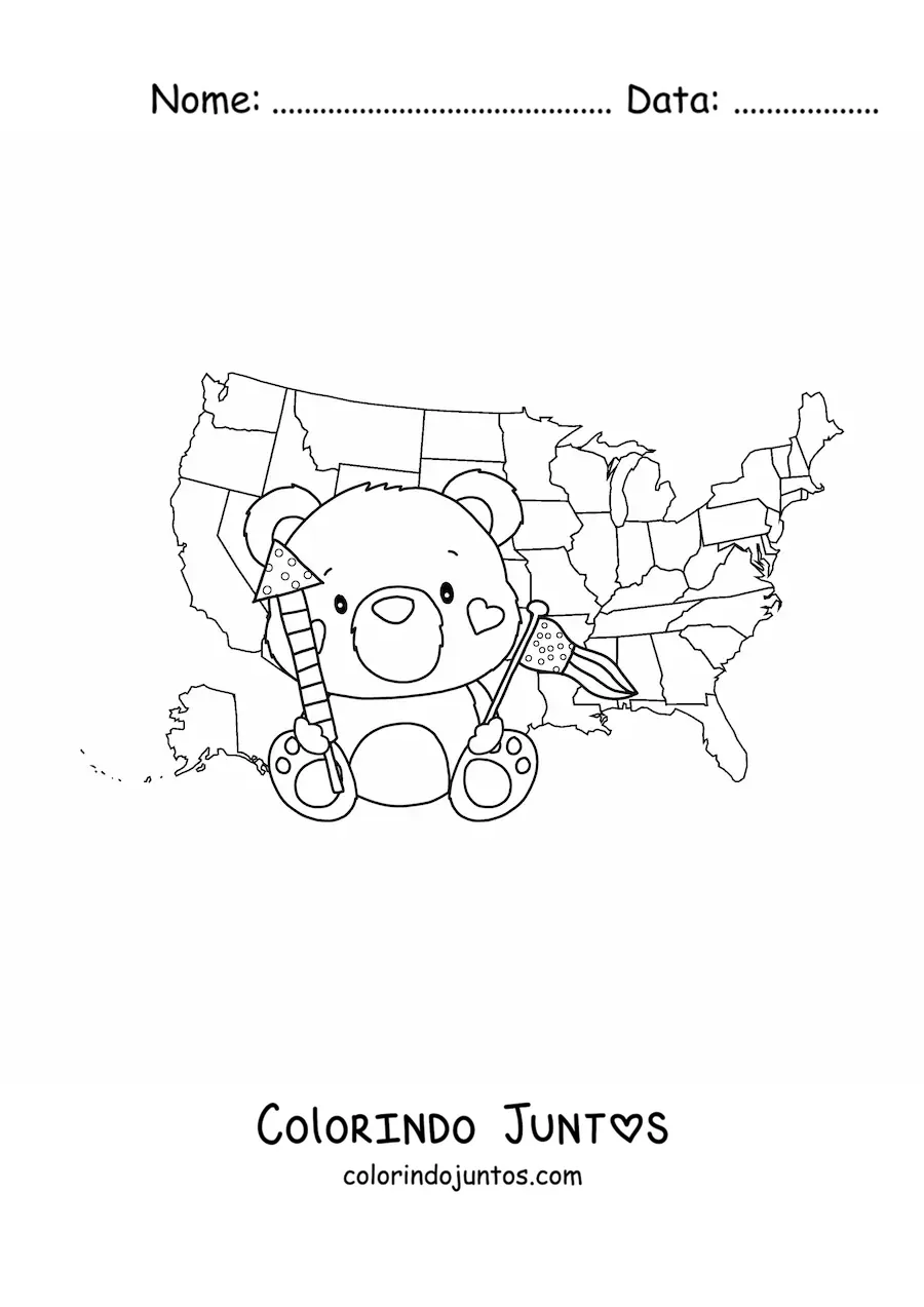 Desenho para colorir de urso animado kawaii com a bandeira e o mapa dos Estados Unidos