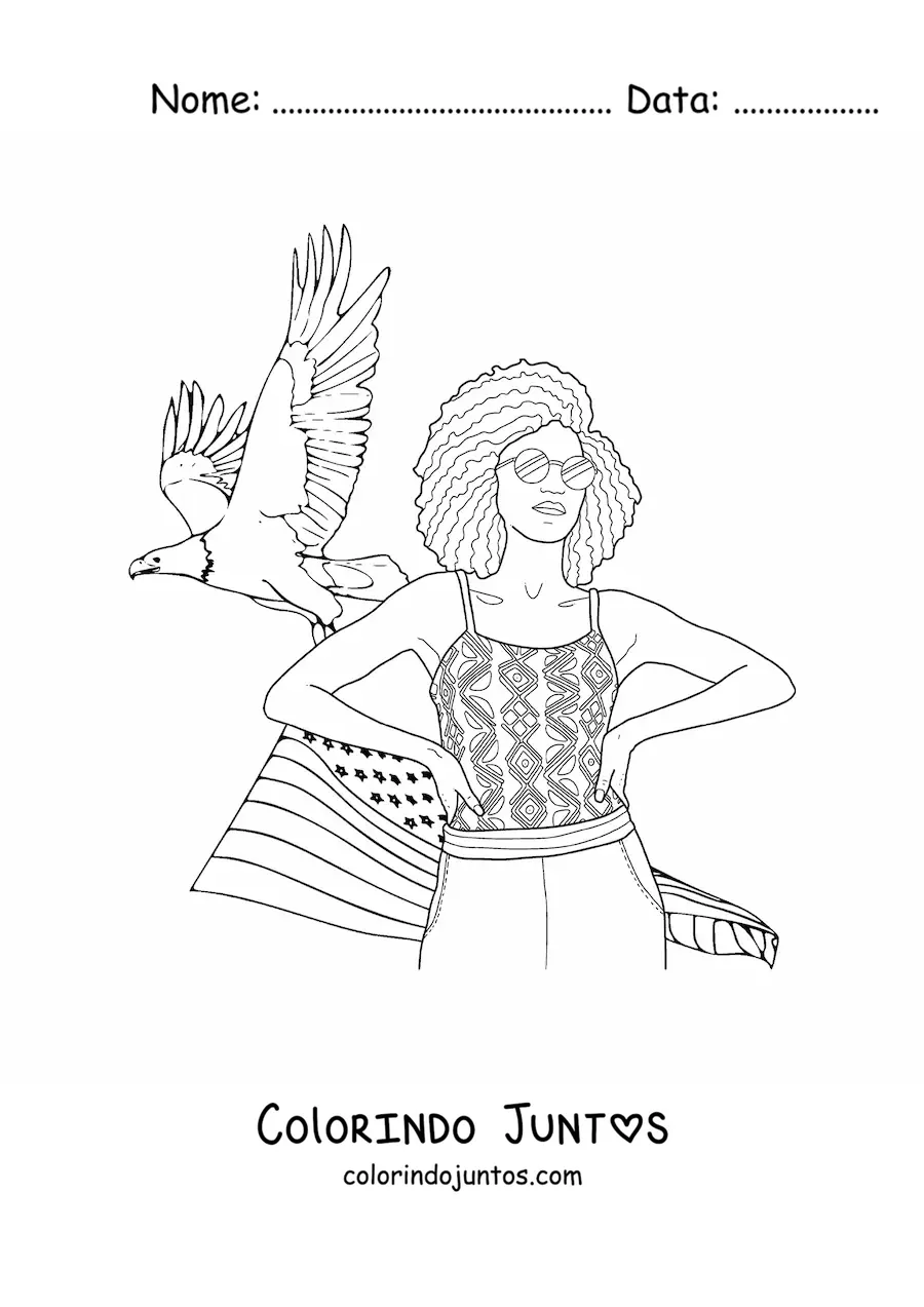 Desenho para colorir de menina estadunidense com a bandeira e uma águia