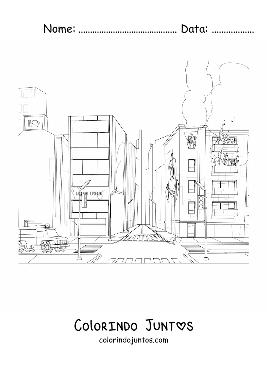 Desenho para colorir de um caminhao de bombeiros em um incendio