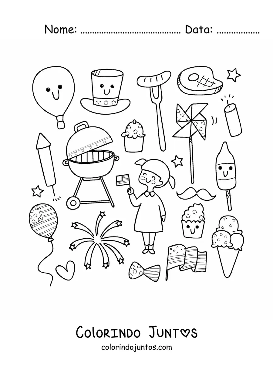 Desenho para colorir de menina com símbolos da cultura dos Estados Unidos kawaii animados