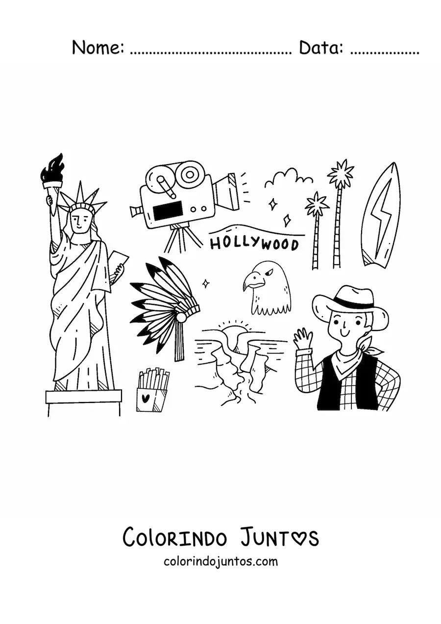 Desenho para colorir de estátua da liberdade e símbolos da cultura estadunidense