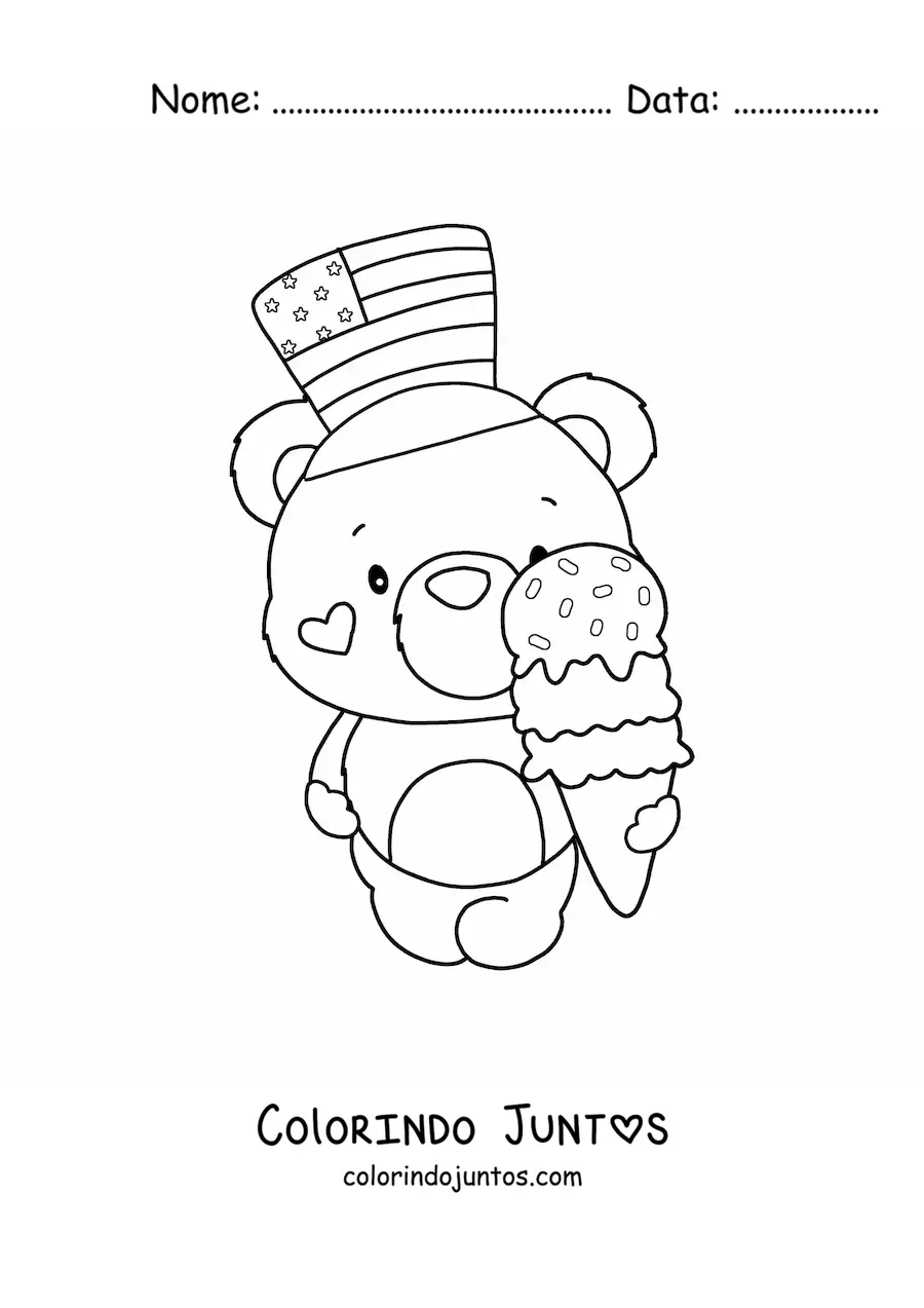 Desenho para colorir de urso animado kawaii com um sorvete e um chapéu dos Estados Unidos