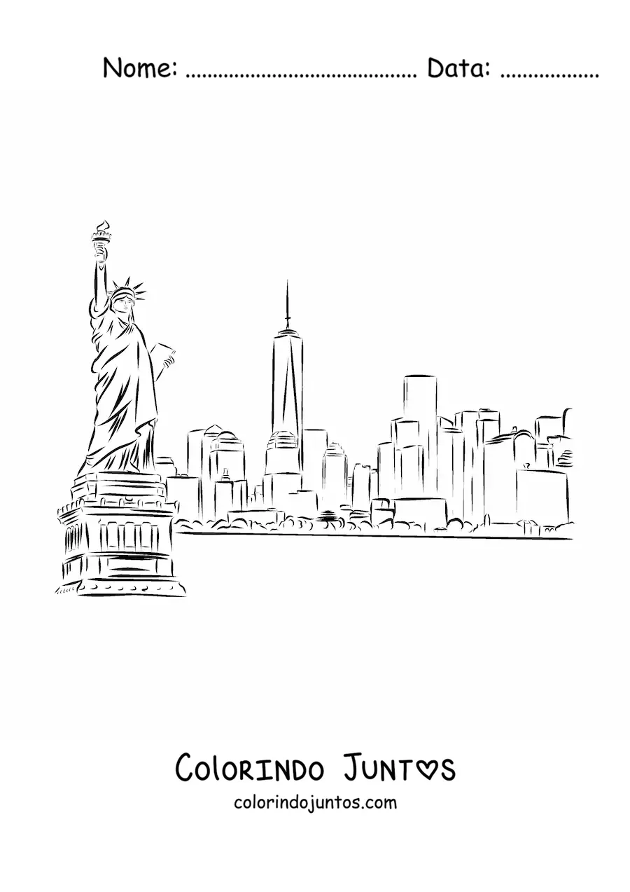 Desenho para colorir de paisagem de Nova York com a estátua da liberdade