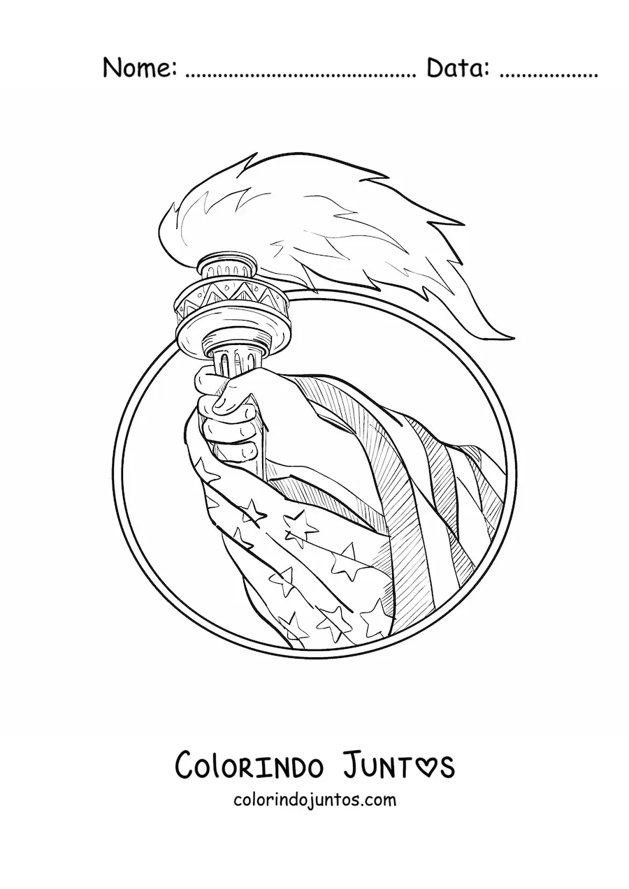 Desenho para colorir de mão segurando a tocha da liberdade com a bandeira dos Estados Unidos