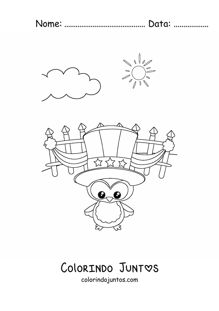 Desenho para colorir de pinguim animado celebrando a independência dos Estados Unidos