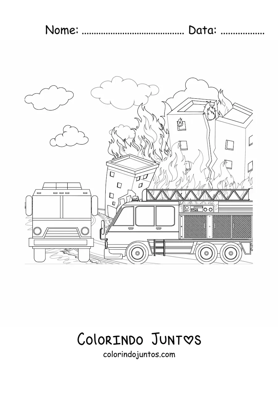 Desenho para colorir de um caminhao de bombeiros em um grande incendio