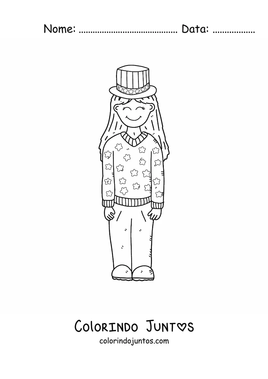 Desenho para colorir de menina celebrando a independência dos Estados Unidos
