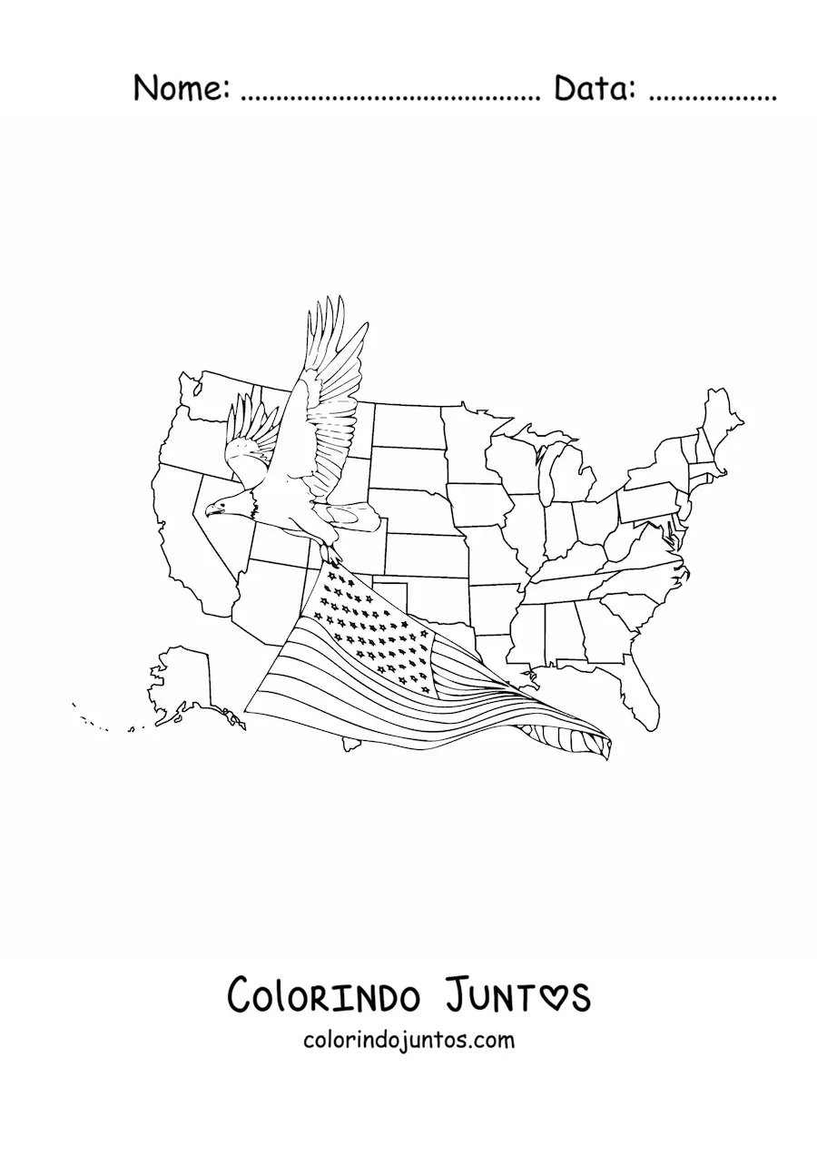 Desenho para colorir de águia segurando a bandeira americana com o mapa dos Estados Unidos