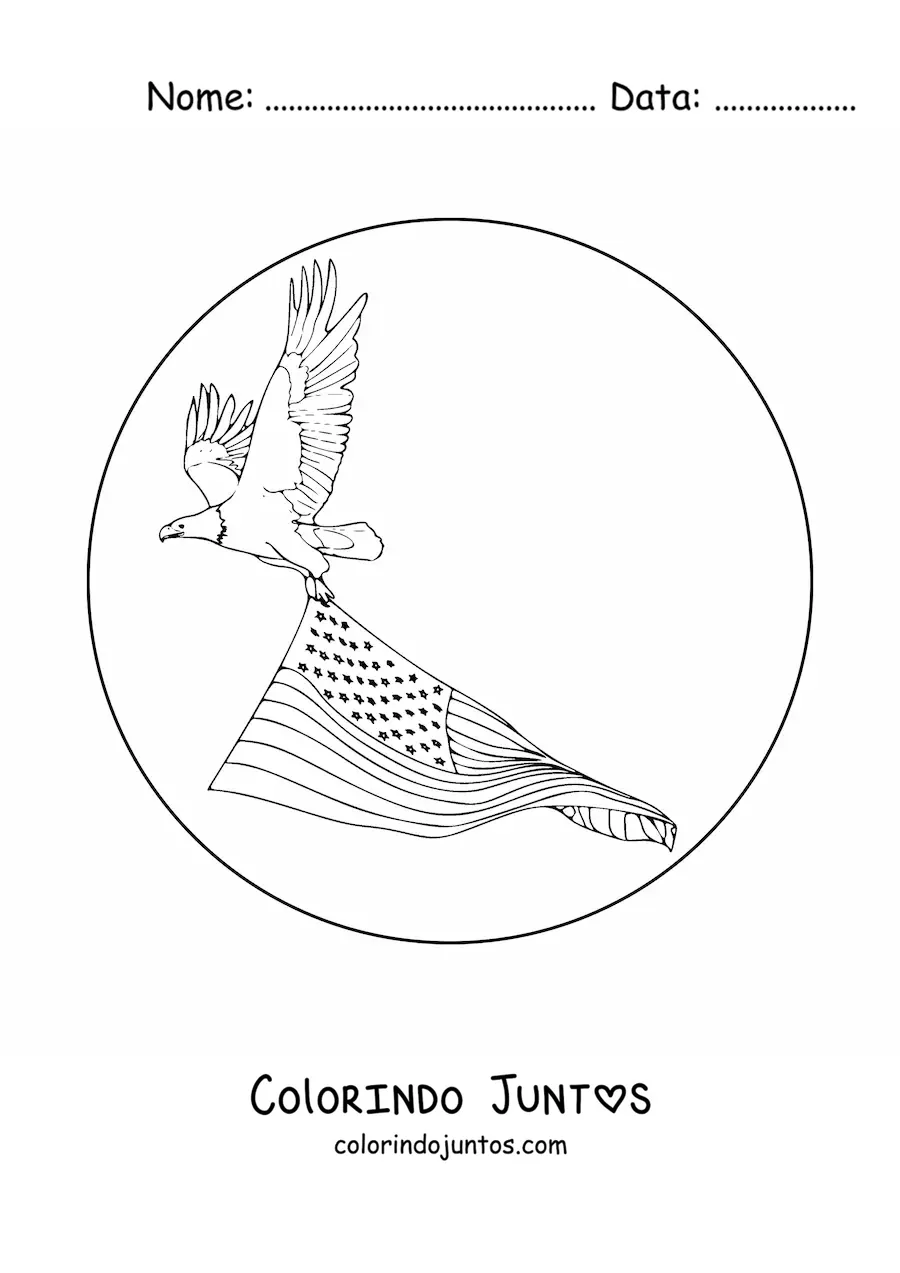 Desenho para colorir de águia segurando a bandeira dos Estados Unidos